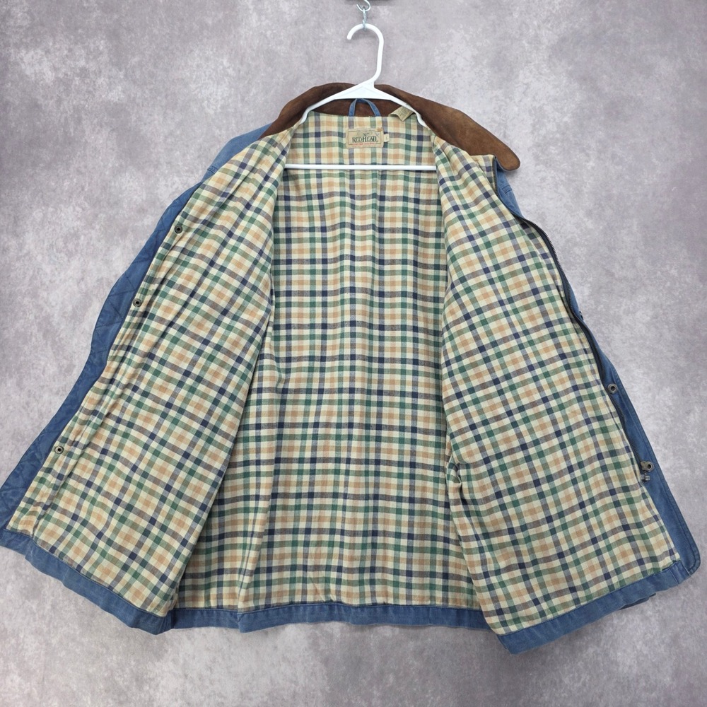 Vintage RedHead Lined Field Jacket Mens Large Blue Canvas Leather Collar Plaid - Picture 3 of 11